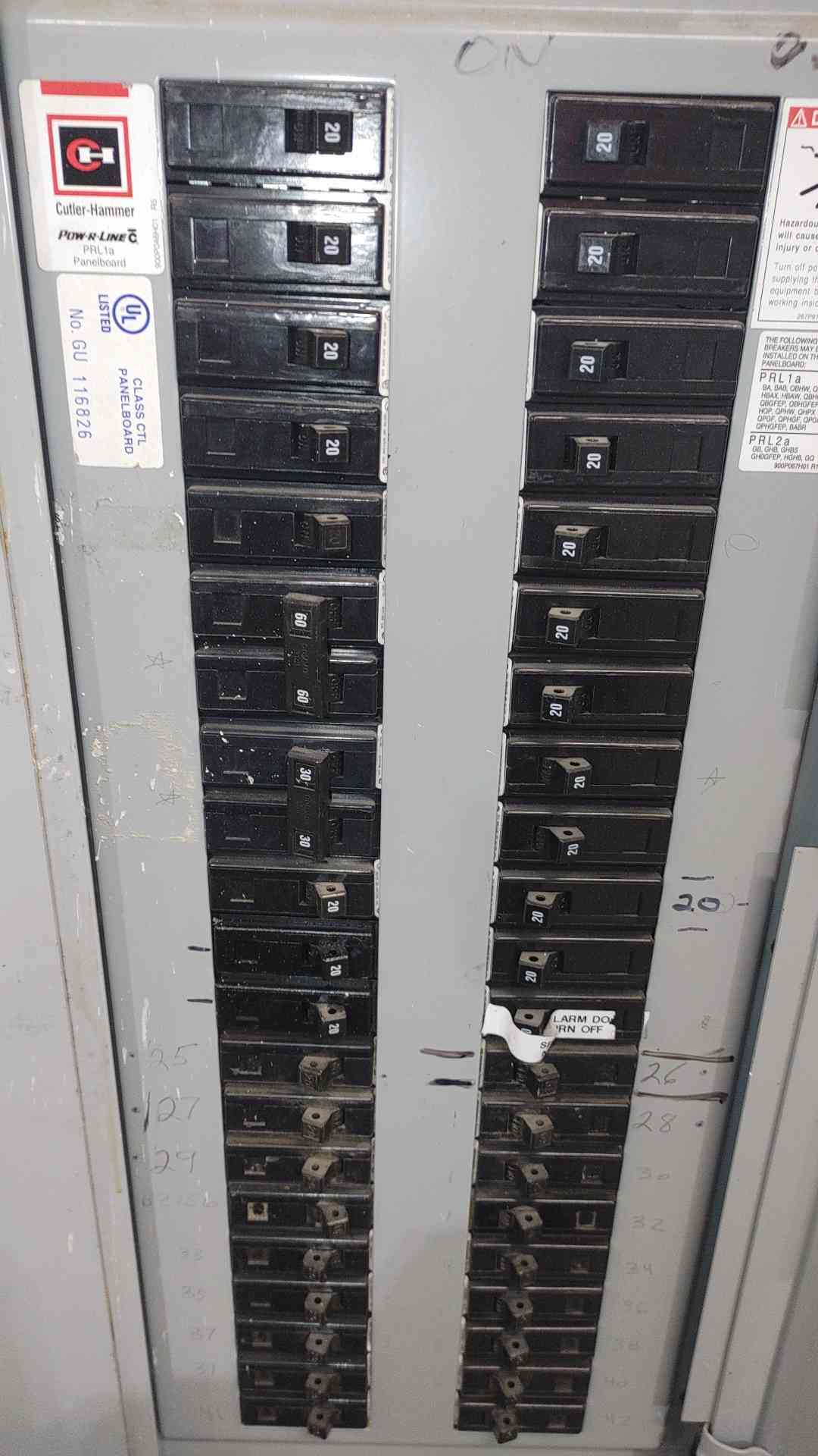 Cutler-Hammer PRL2A 225A Main 480Y/277V 3 Phase 42 Ckt Lighting Panelboard Loaded