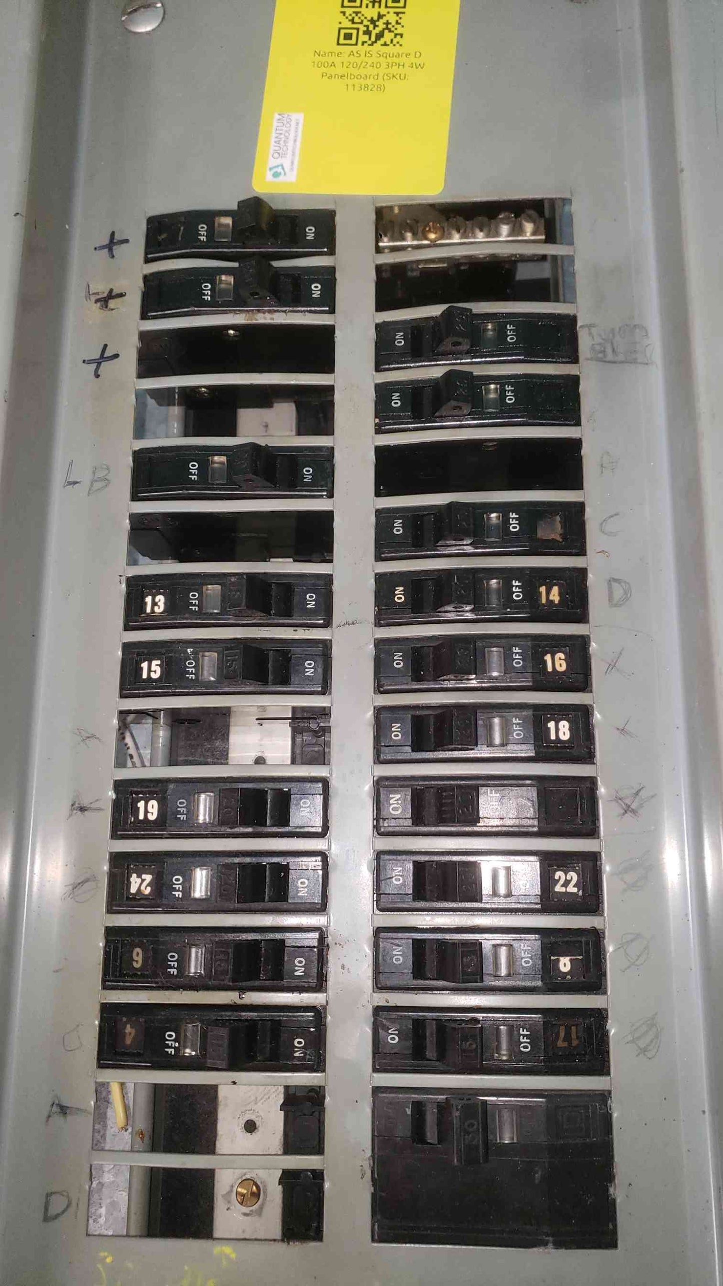 Square D NQO-304M Panelboard 100A 3 Phase Main Breaker Box Lot with QO Breakers