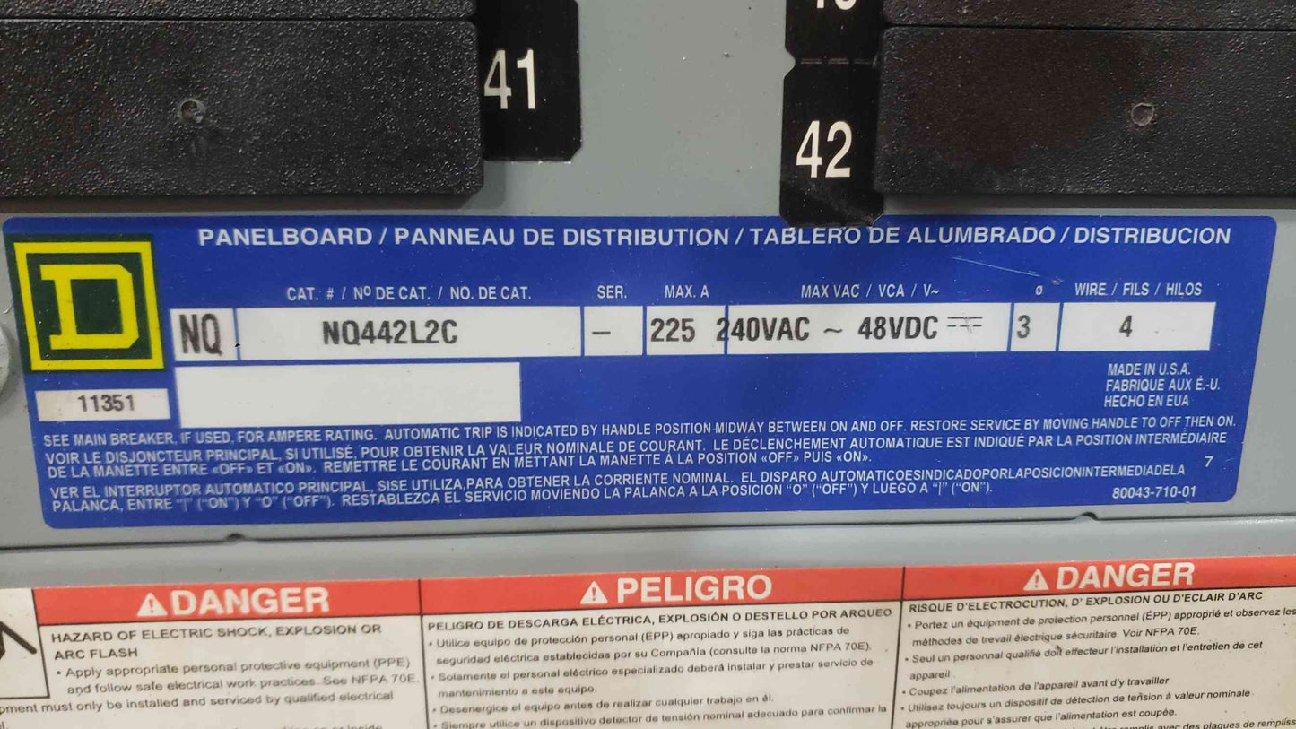 Square D NQ442L2C 225A 120/208V 3 Phase 42 Ckt Panelboard W/ 23 QO Breakers
