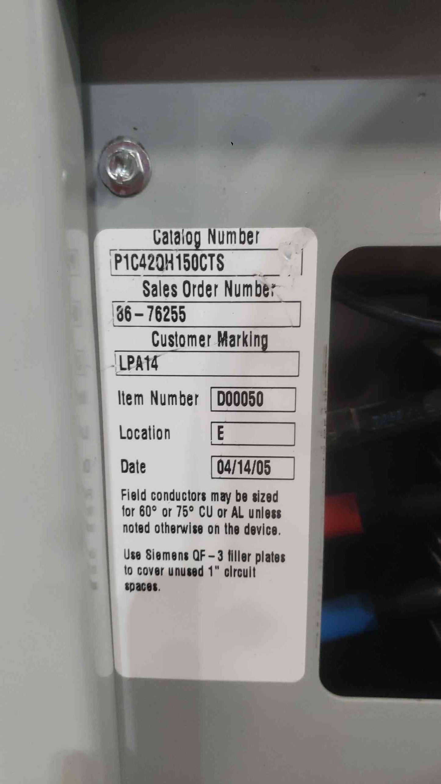 Siemens P1 250A 120/208V 3 Phase Panelboard Main Breaker 27x 20A 9x 15A P1C42QH150CTS