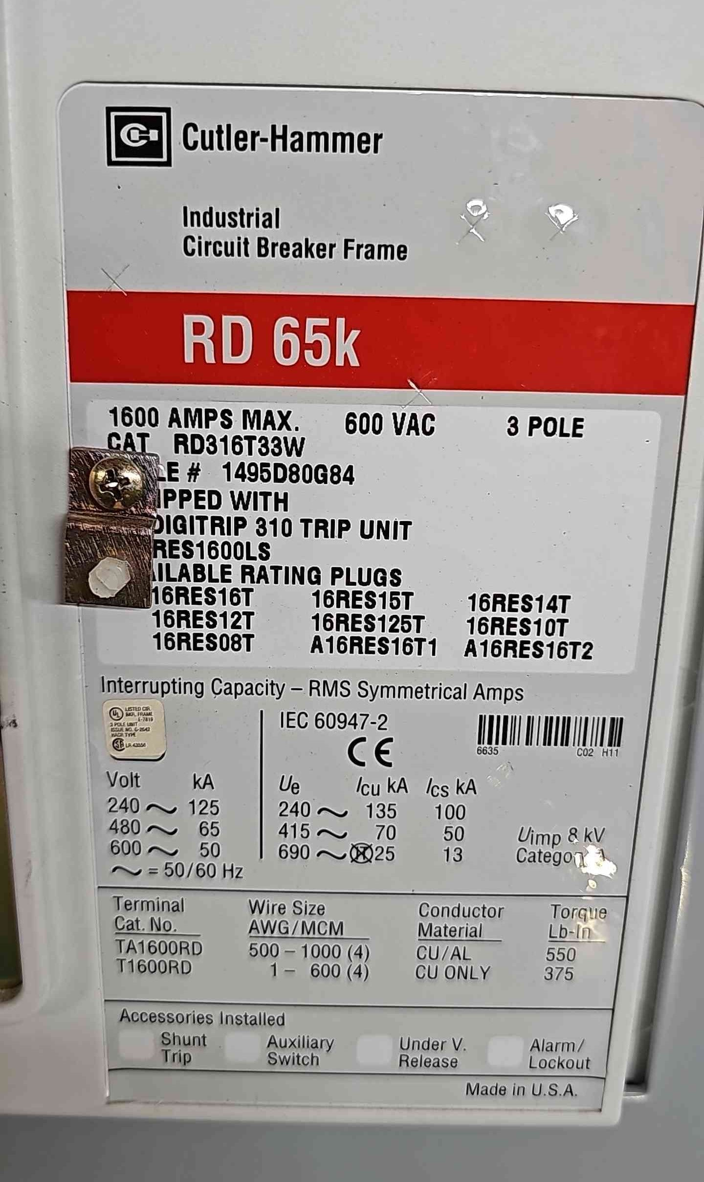 Eaton Cutler Hammer 1600A Switchboard 3x 1600 Amp RD Breakers UPS Bypass 480V