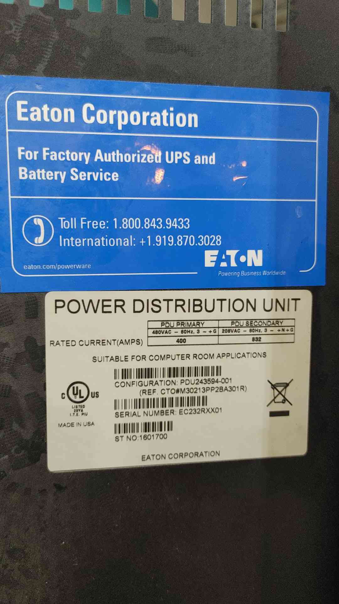 Eaton Powerware 300 kVA Data Center PDU PDU243594-001 Hammond 480V 208V Transformer