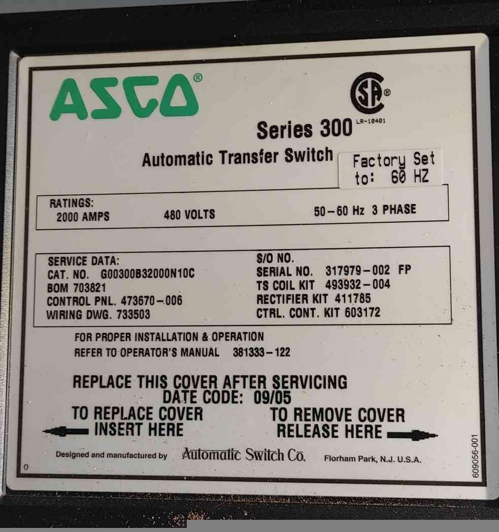 ASCO Series 300 2000 Amp 480V 3 Phase Automatic Transfer Switch G00300B32000N10C