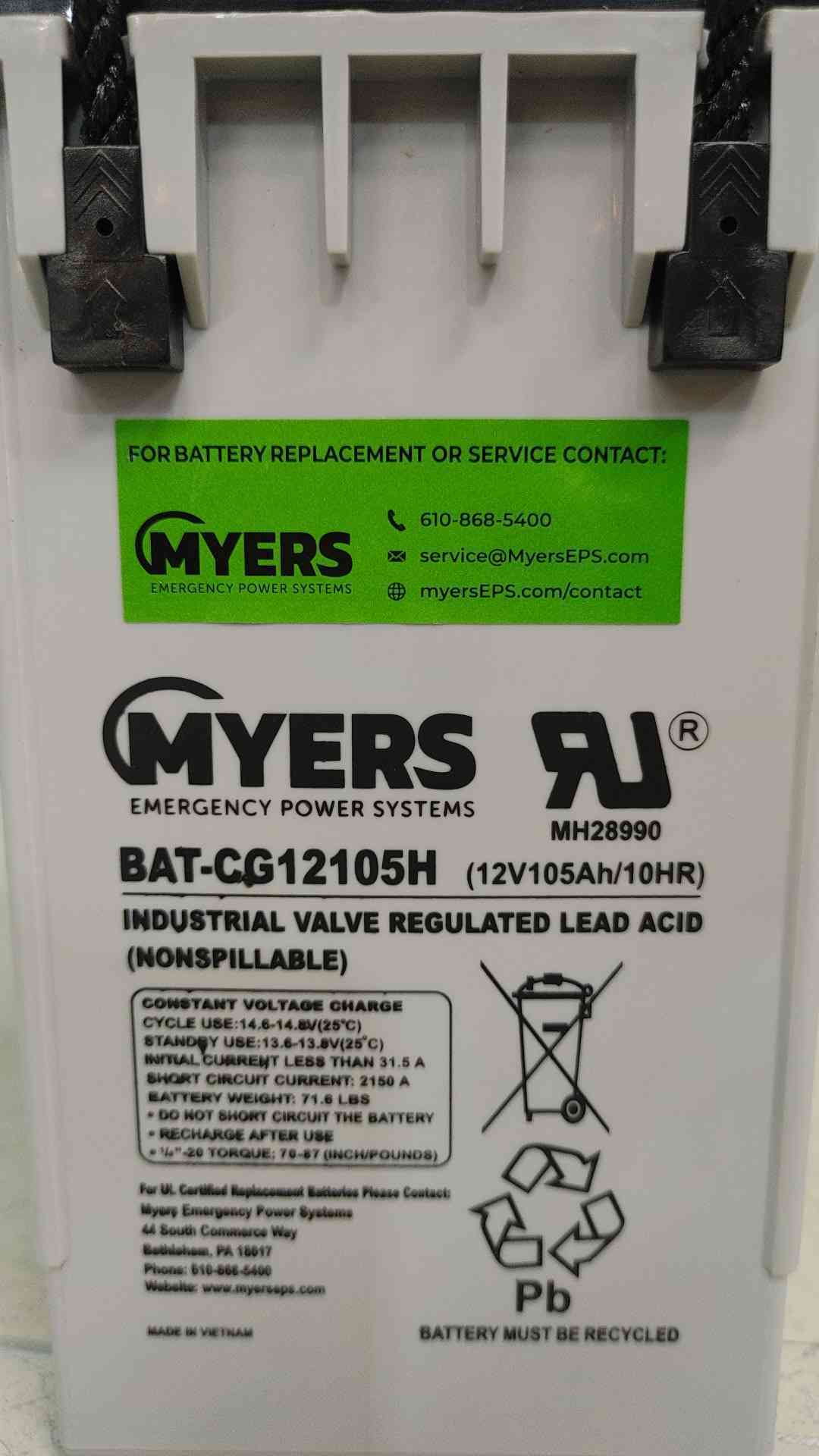 Myers BAT-CG12105H 12V 105Ah Front Terminal AGM UPS Telecom Battery CG12105H