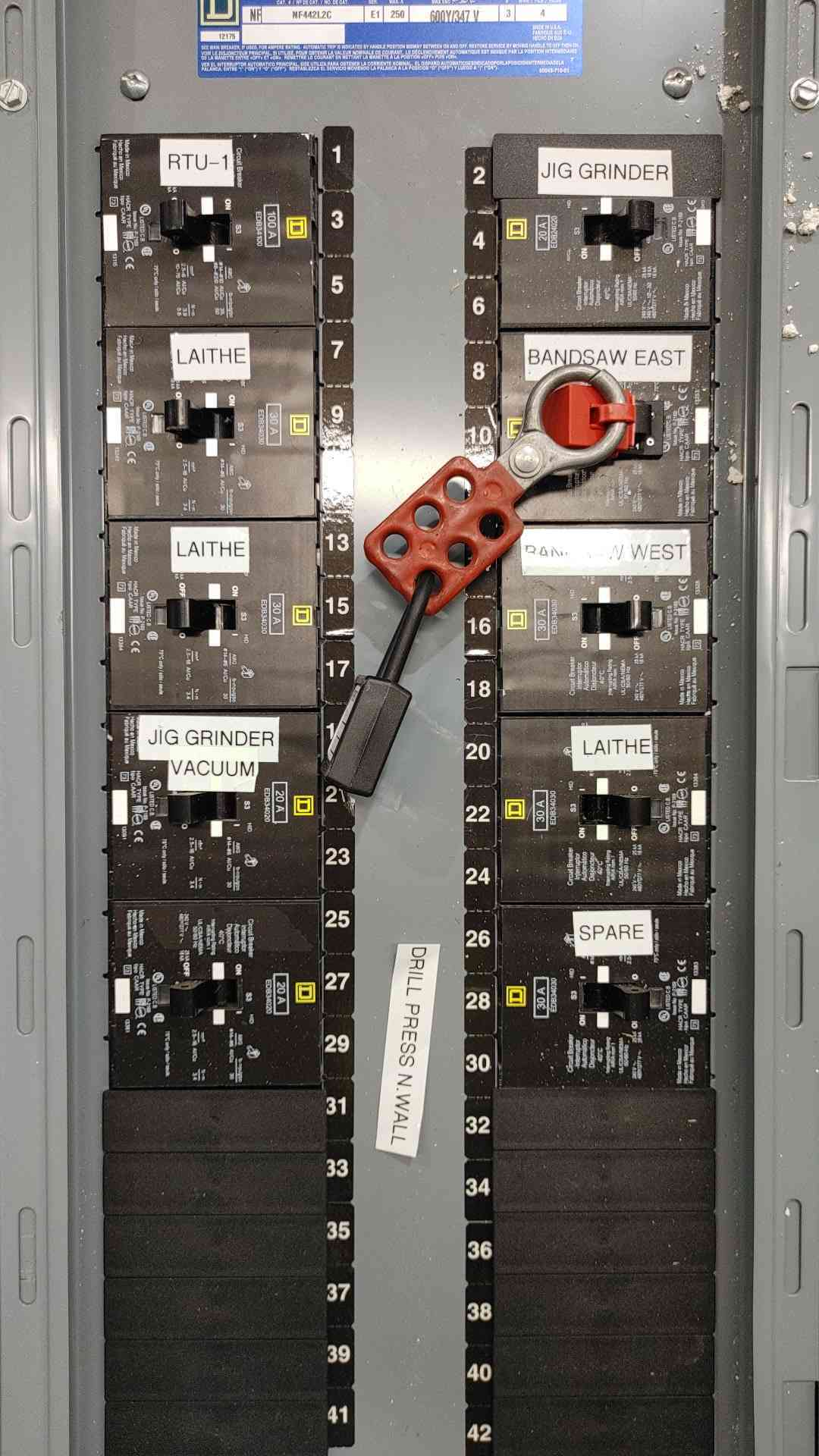 Square D 250 Amp 480V 3PH Panel W/ 100A 30A 20A EDB Bolt-On Breakers & Door