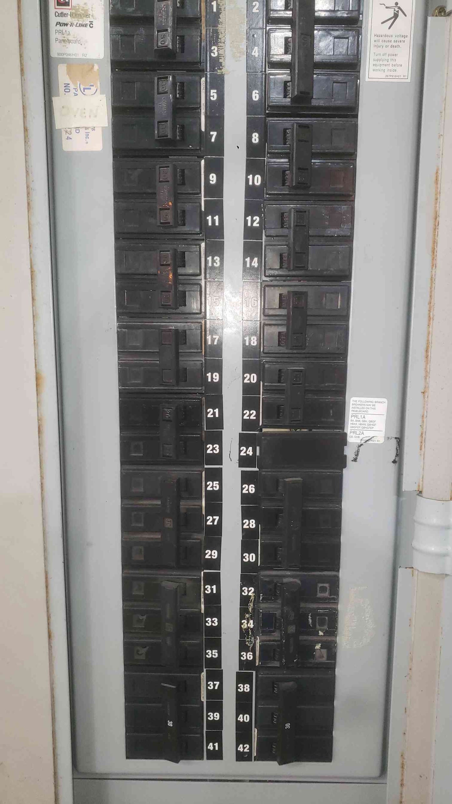 Cutler Hammer PRL1A 225A 240V 3 Phase Panelboard W/ ED3225 Main BAB Breakers