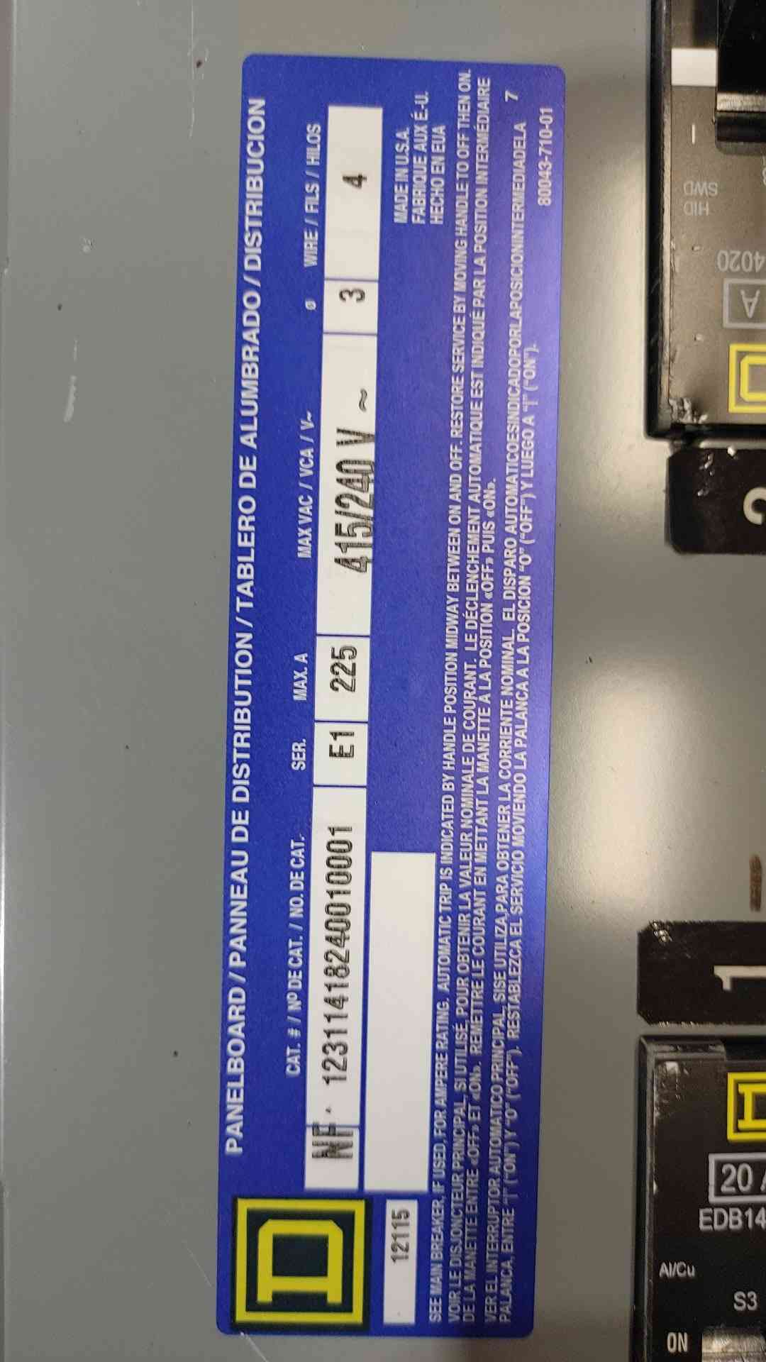 Square D NF 225A 415Y/240V 3 Phase 42 Space Panelboard Enclosure 225A Main 20A