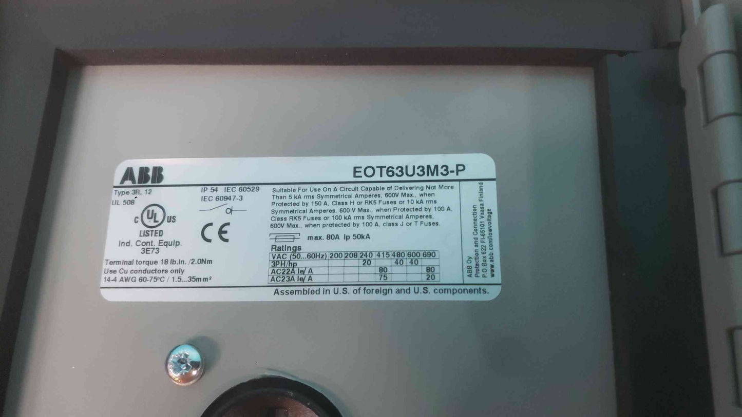 ABB EOT63U3M3-P Non-Fusible Disconnect Switch 80A 600V 3-Pole NEMA 3R 12 OT80F3