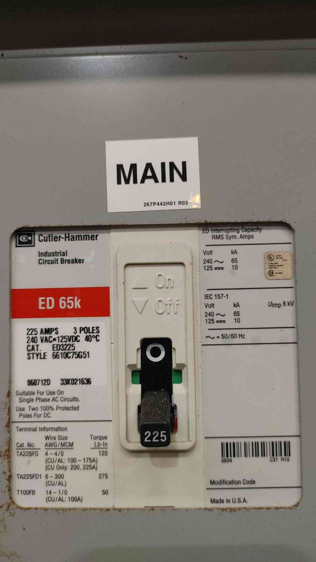 Eaton Cutler Hammer PRL1A 225A 240V 3 Phase Panelboard W/ ED3225 Main BAB Brand