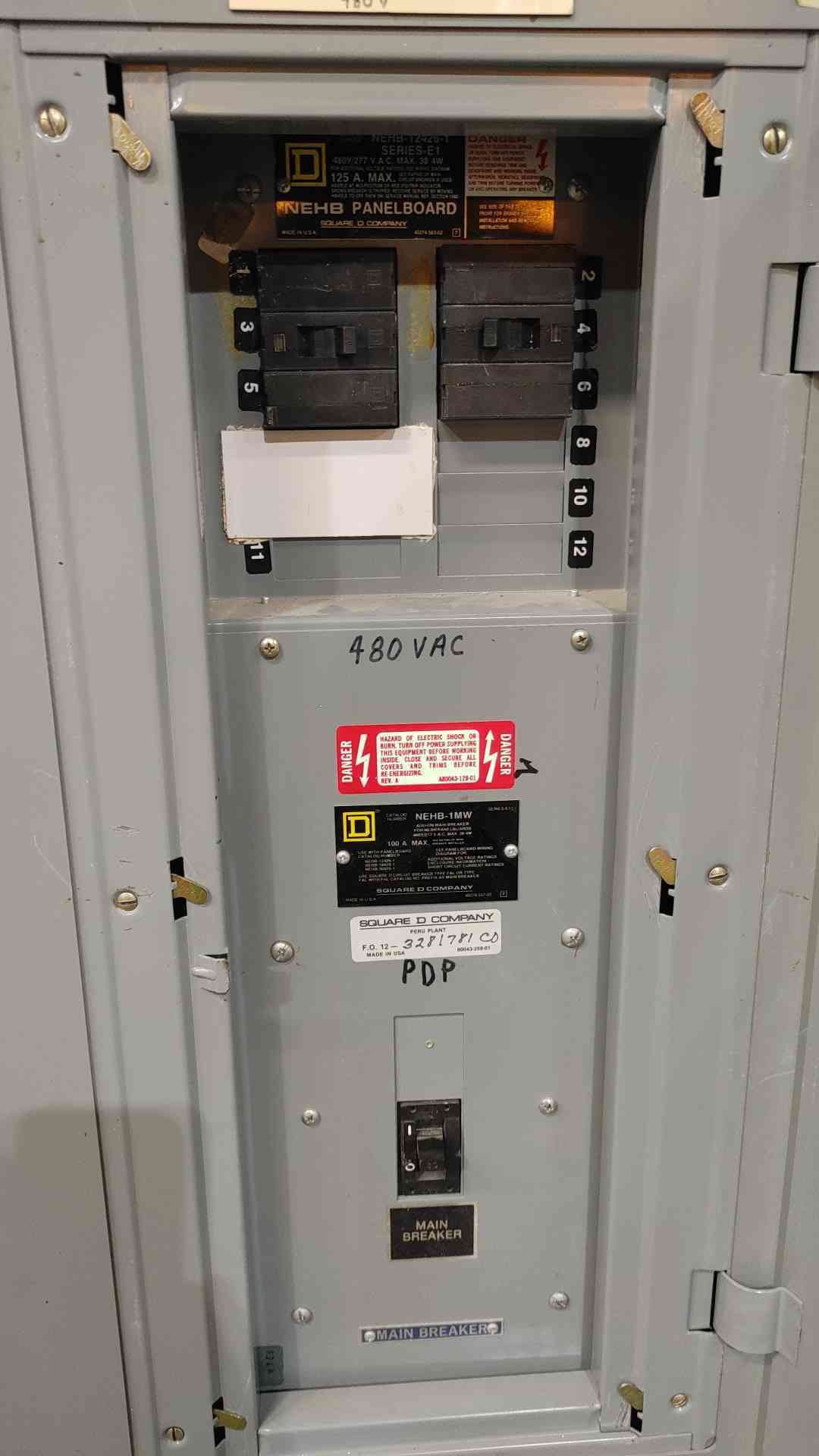 Square D NEHB Panelboard 125A 480V 3PH PDP 100A Main Breaker 2x 20A 3P