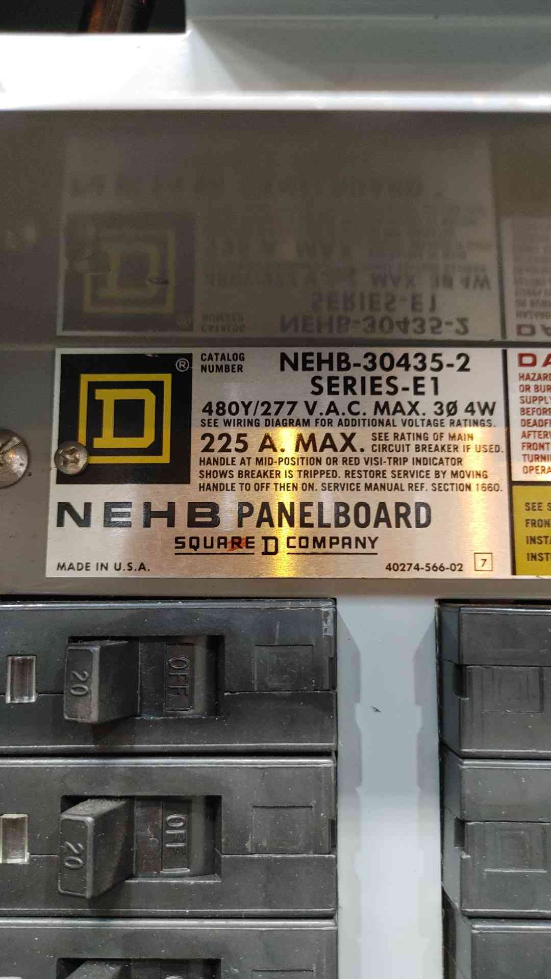 Square D NEHB-30435-2 225A 480Y/277V 3Ph Panelboard Main Breaker 20x20A Used