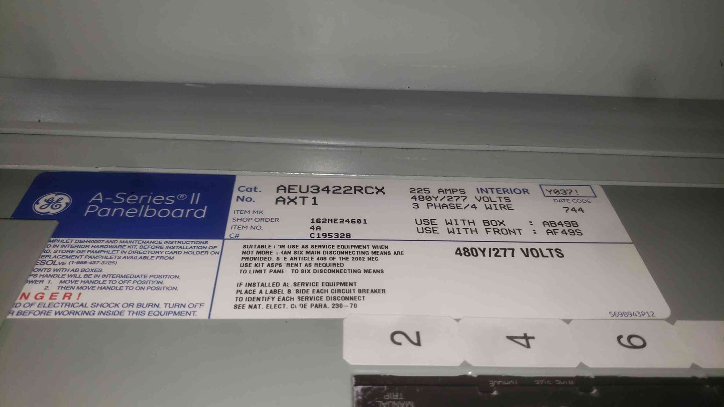 GE A-Series II AEU3422RCX 225A 480Y/277V 3PH 42 Circuit Panelboard Breakers
