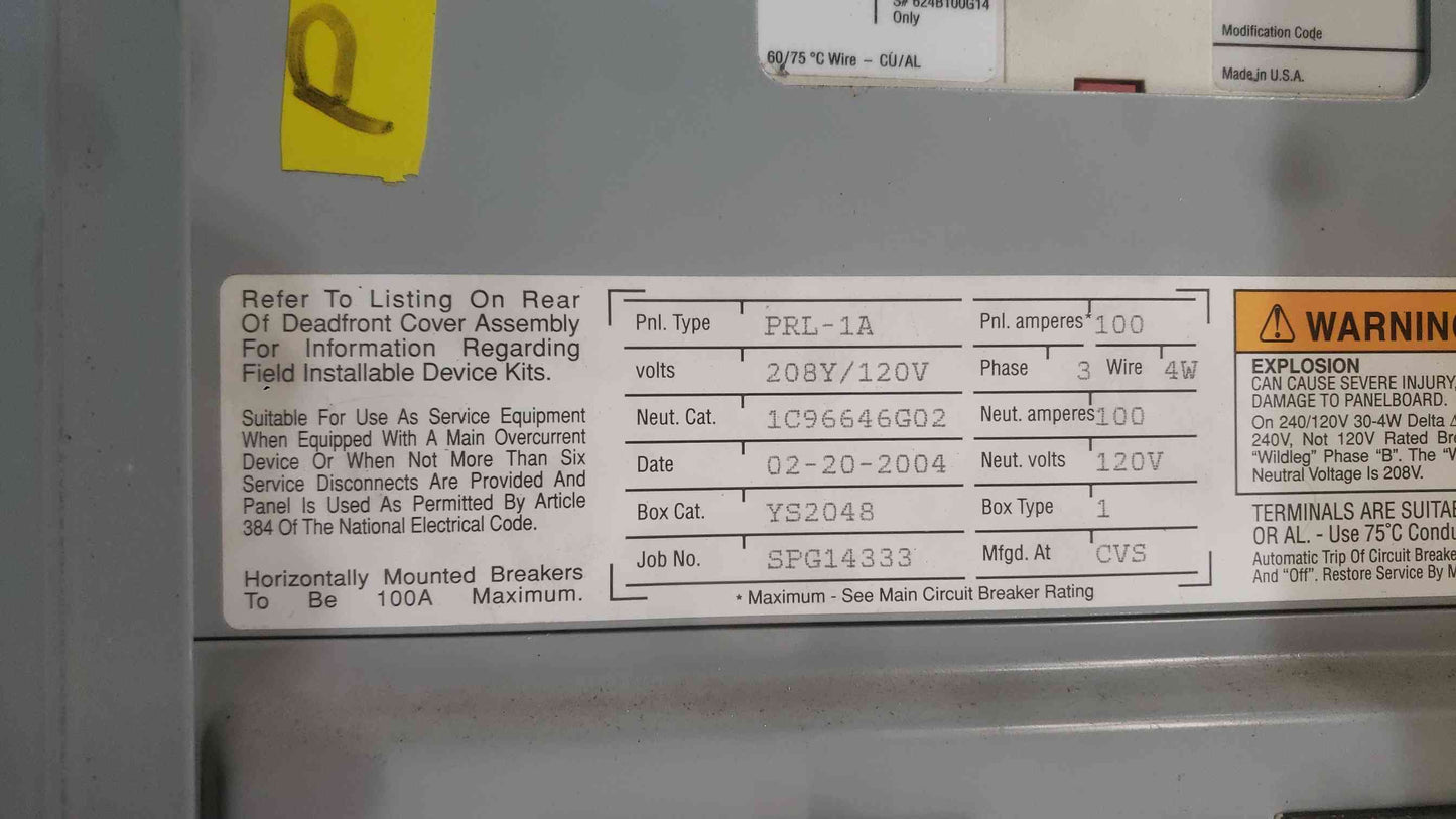 Eaton Cutler-Hammer PRL-1A Panelboard 100A Main EHD3100 Mixed 15A 20A 30A 40A 3PH