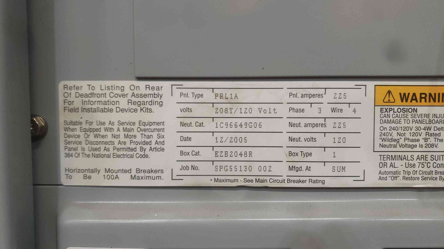 Eaton PRL1A 3 Phase Panelboard 225A EZB2048R 40x 20A 1P 1x 30A 2P Breaker Panel