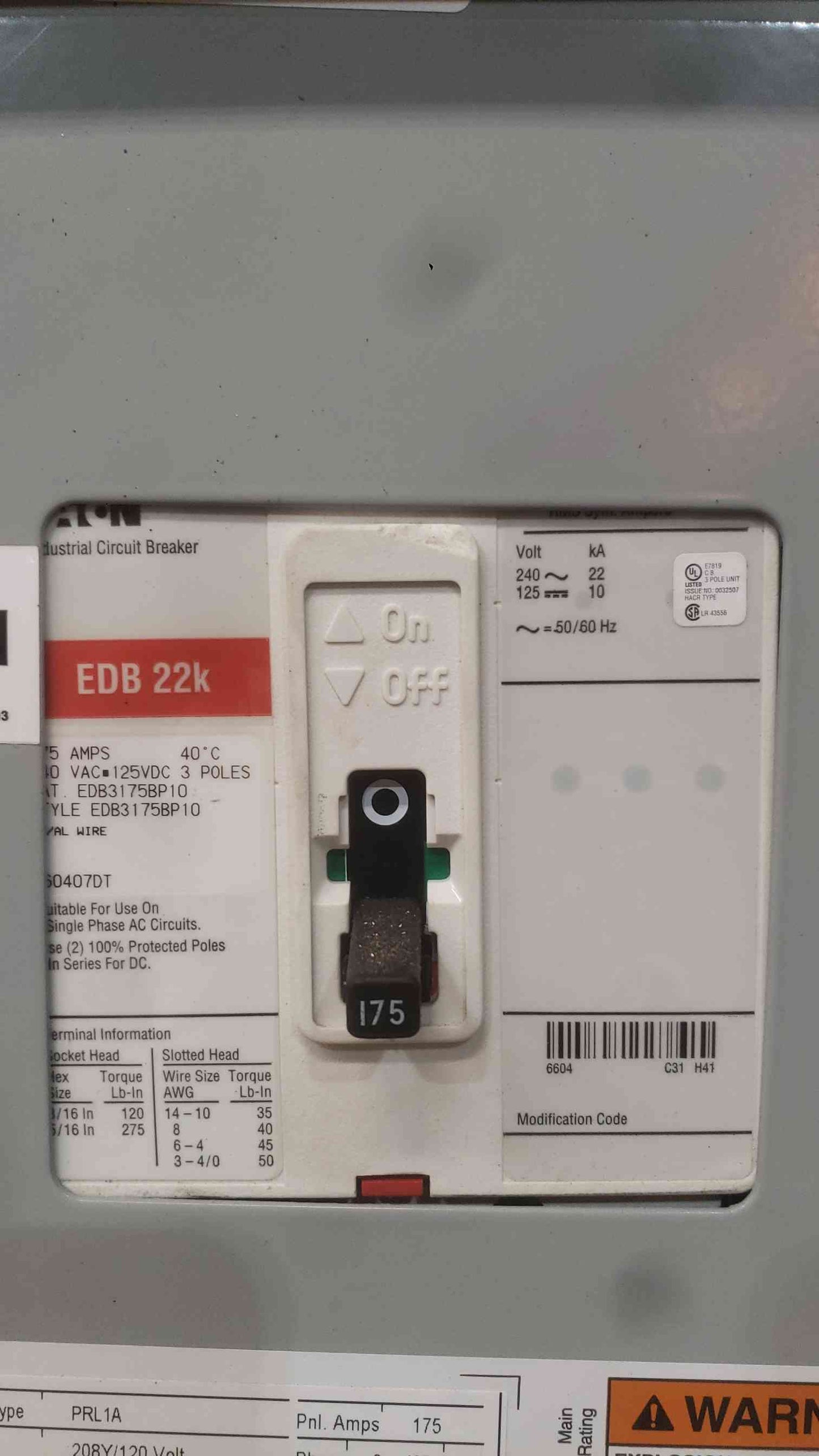 Eaton PRL1A 3 Phase Panelboard 175A Main EDB3175BP10 10x 30A 2P Breakers Enclosure