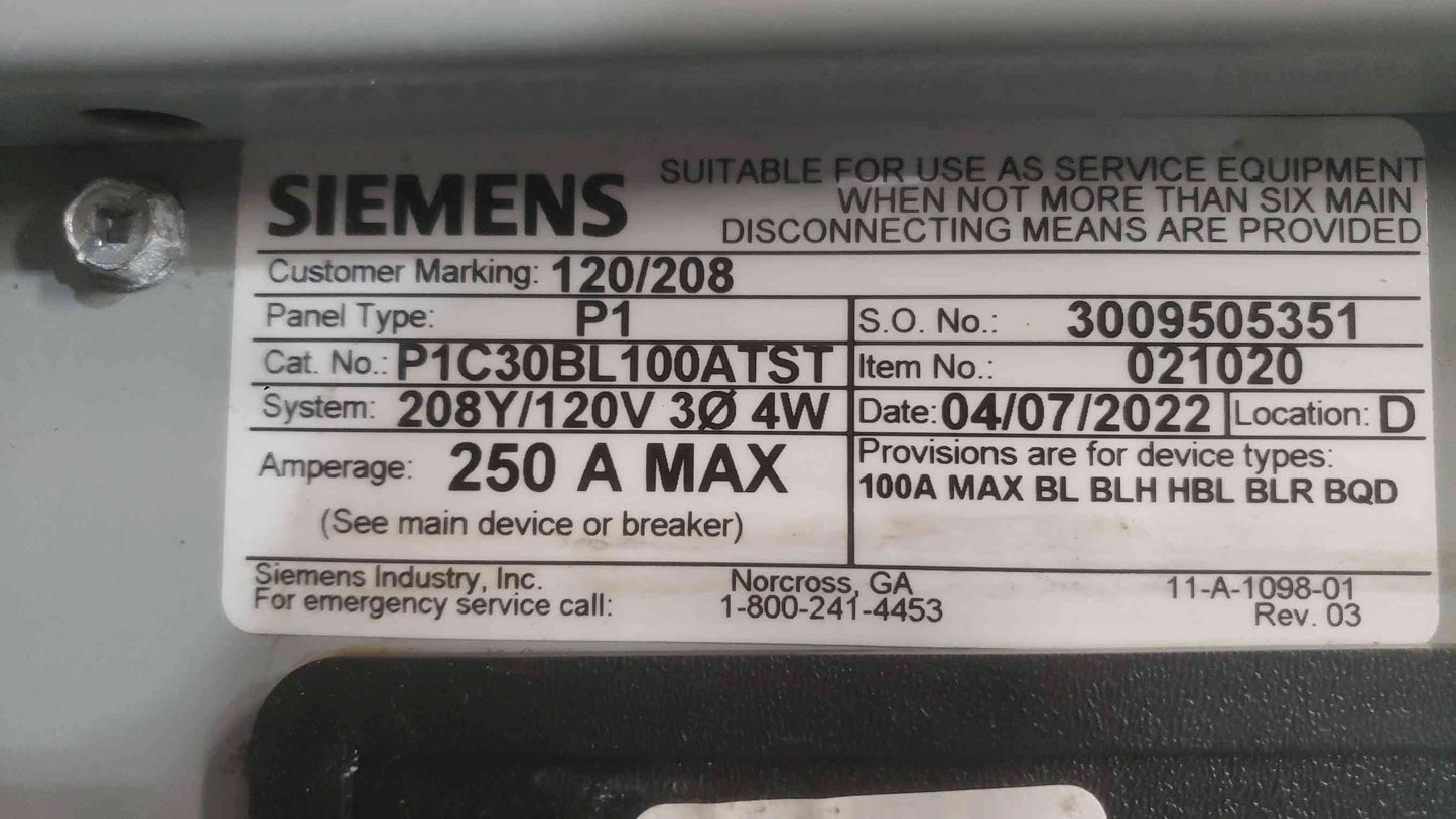 Siemens 250A 208Y/120 3PH 4W 100A Main P1C30BL100ATST 24x 20A Breakers