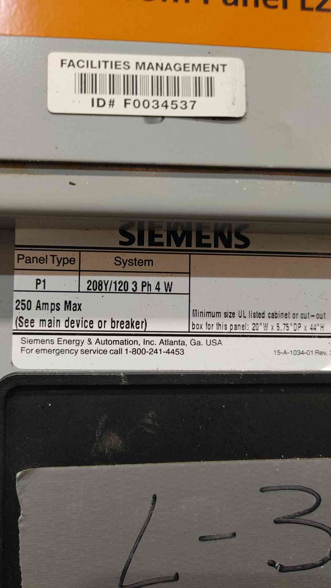 Siemens 250A, 208Y/120V, 3PH, 4W Panelboard (Sku 114136)