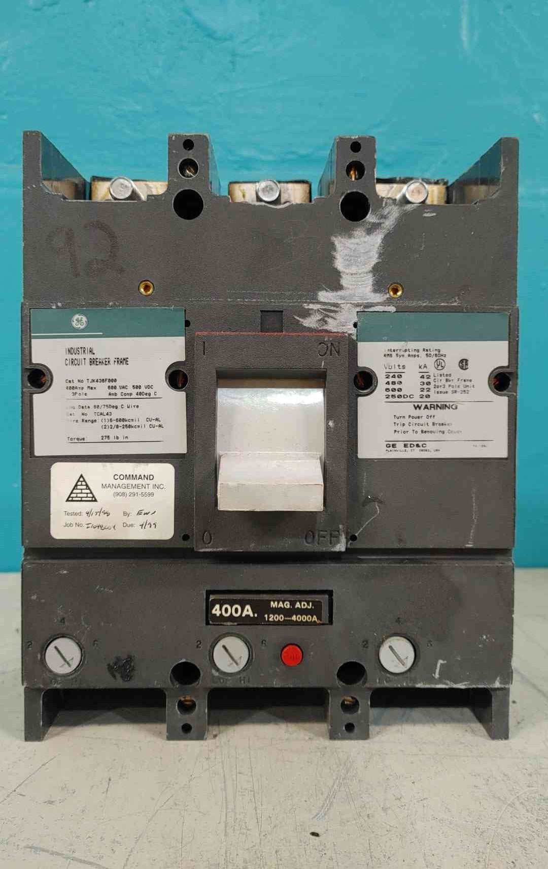 GE TJK436F000 400 Amp 3 Pole 600V Molded Case Circuit Breaker Frame J600 TCAL43