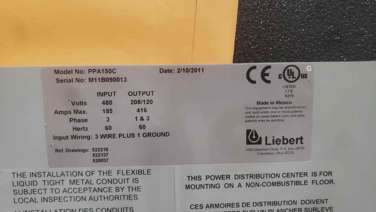 Liebert 480V x 208/120V PDU PPA150C Power Distribution '11 (SKU: 104808)