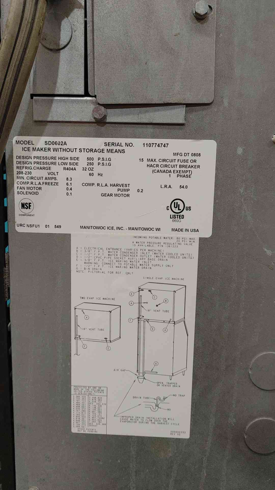 Manitowoc SD0602A 30" Commercial Ice Machine Head 600 lb 208-230V S Series AS-IS