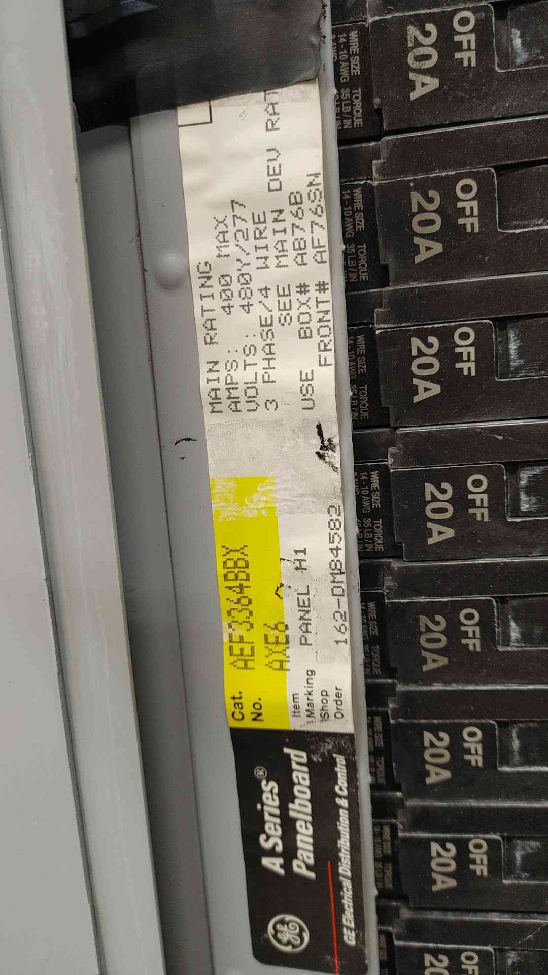 GE AEF3364BBX 400A 480Y/277V 3PH Panelboard 36x TEY 20A 1P & THED 150A Breakers