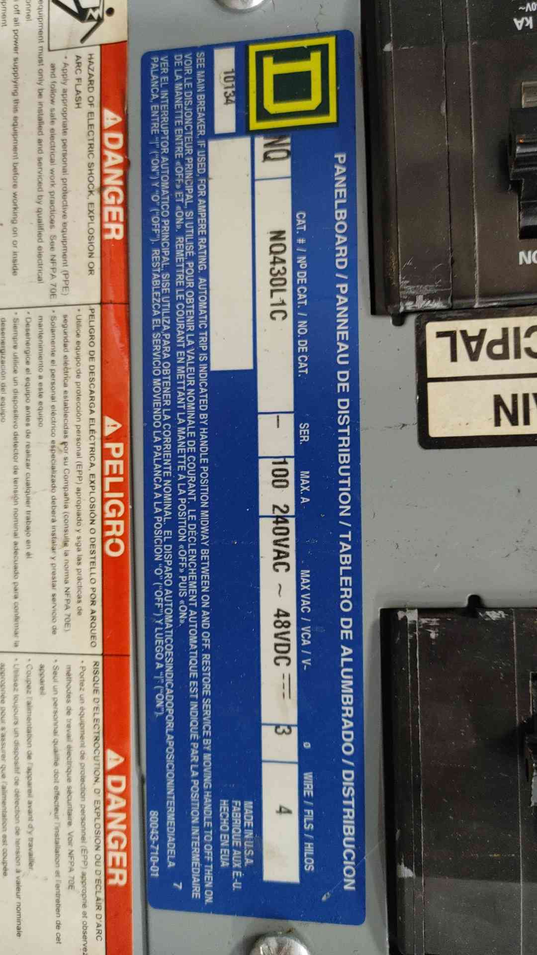 Square D NQ430L1C 100A 240VAC 3 Phase NQ Panelboard Load Center w/ QO Breakers