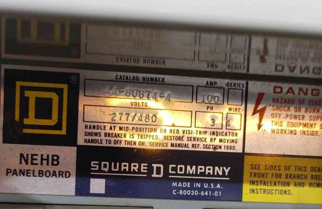 Square D NEHB Panelboard 277/480V 3PH 100A Commercial Panel Interior Loaded