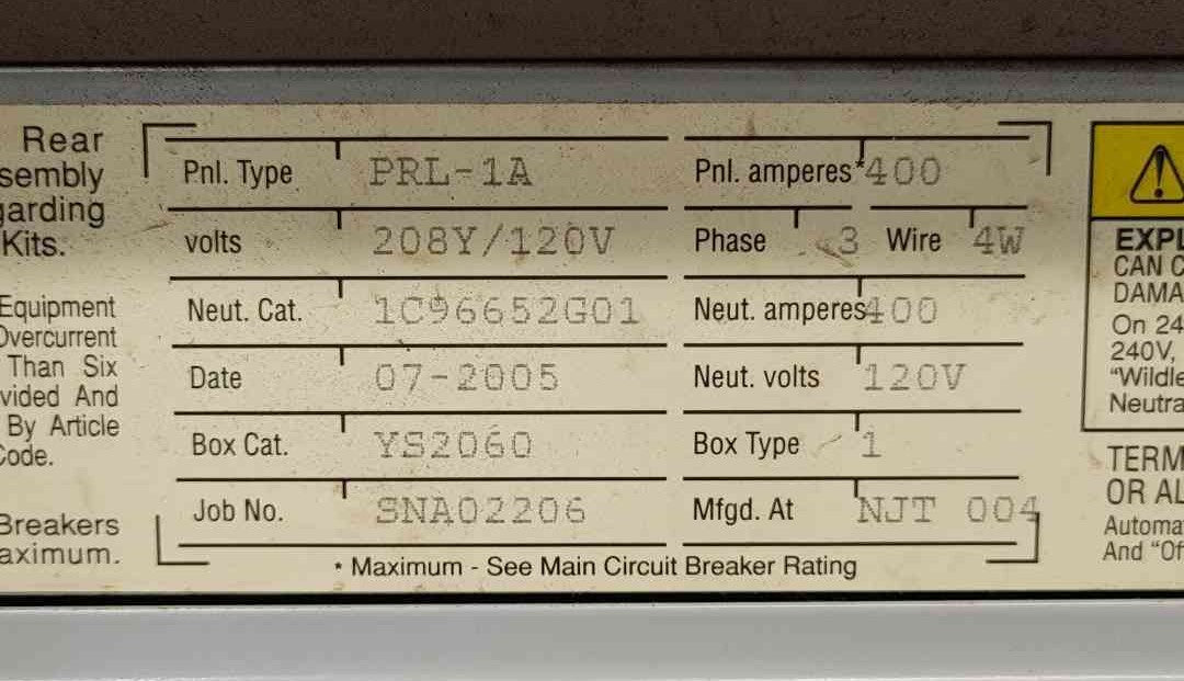 Eaton Cutler Hammer 400A 208Y/120V 3PH 42 Space Panelboard PRL1a With Breakers