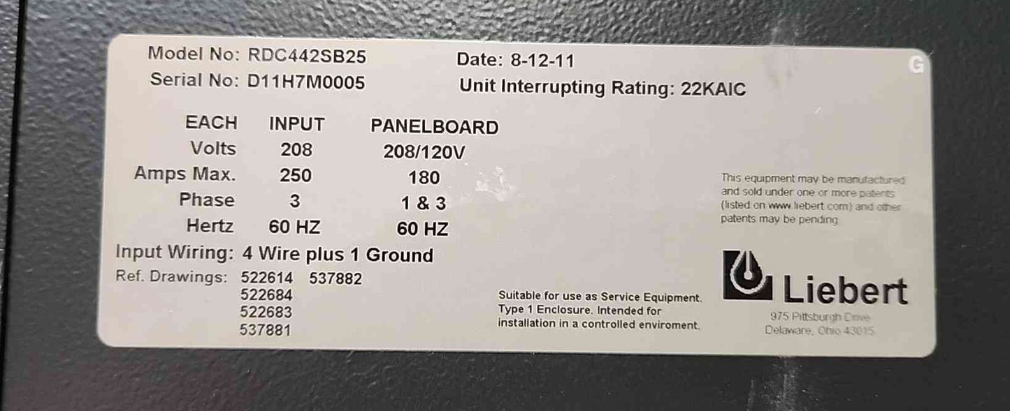 Liebert Vertiv RDC442SB25 Remote Distribution Cabinet PDU 208V 250A Data Center