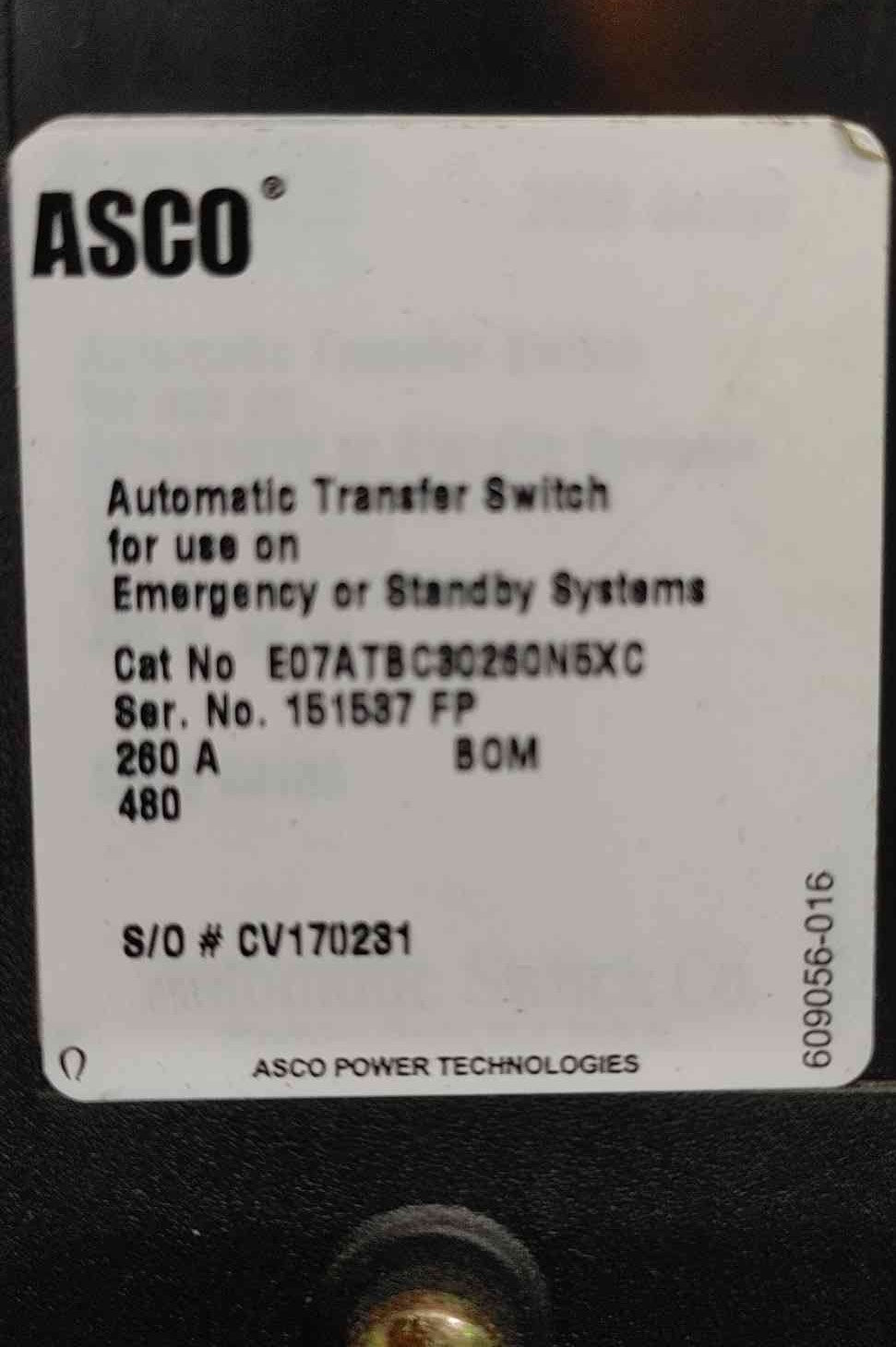 ASCO 7000 Series 260A 480V 3PH Bypass Isolation Transfer Switch E07ATBC30260N5XC