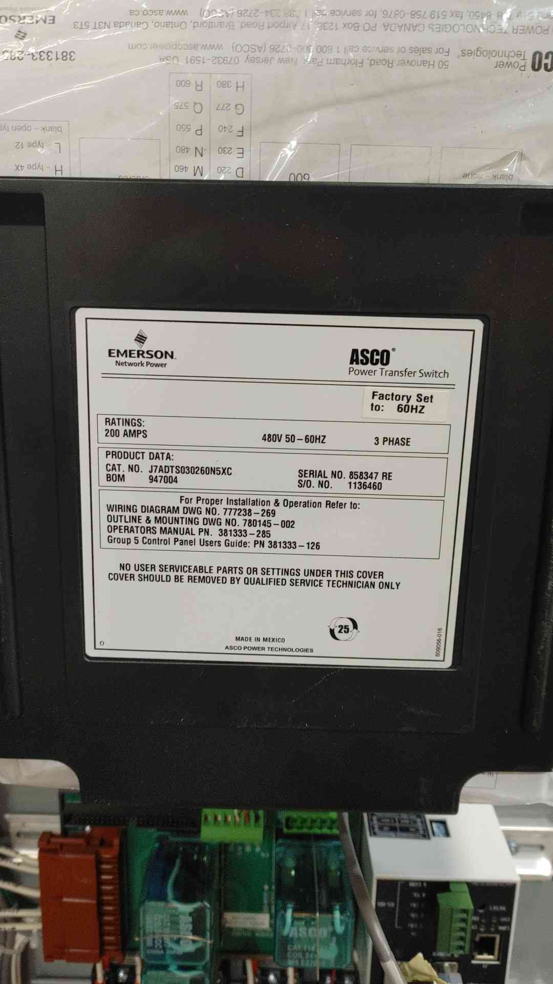ASCO 7000 Series 200A Automatic Transfer Switch 480V 3Ph ATS J7ADTS030260N5XC