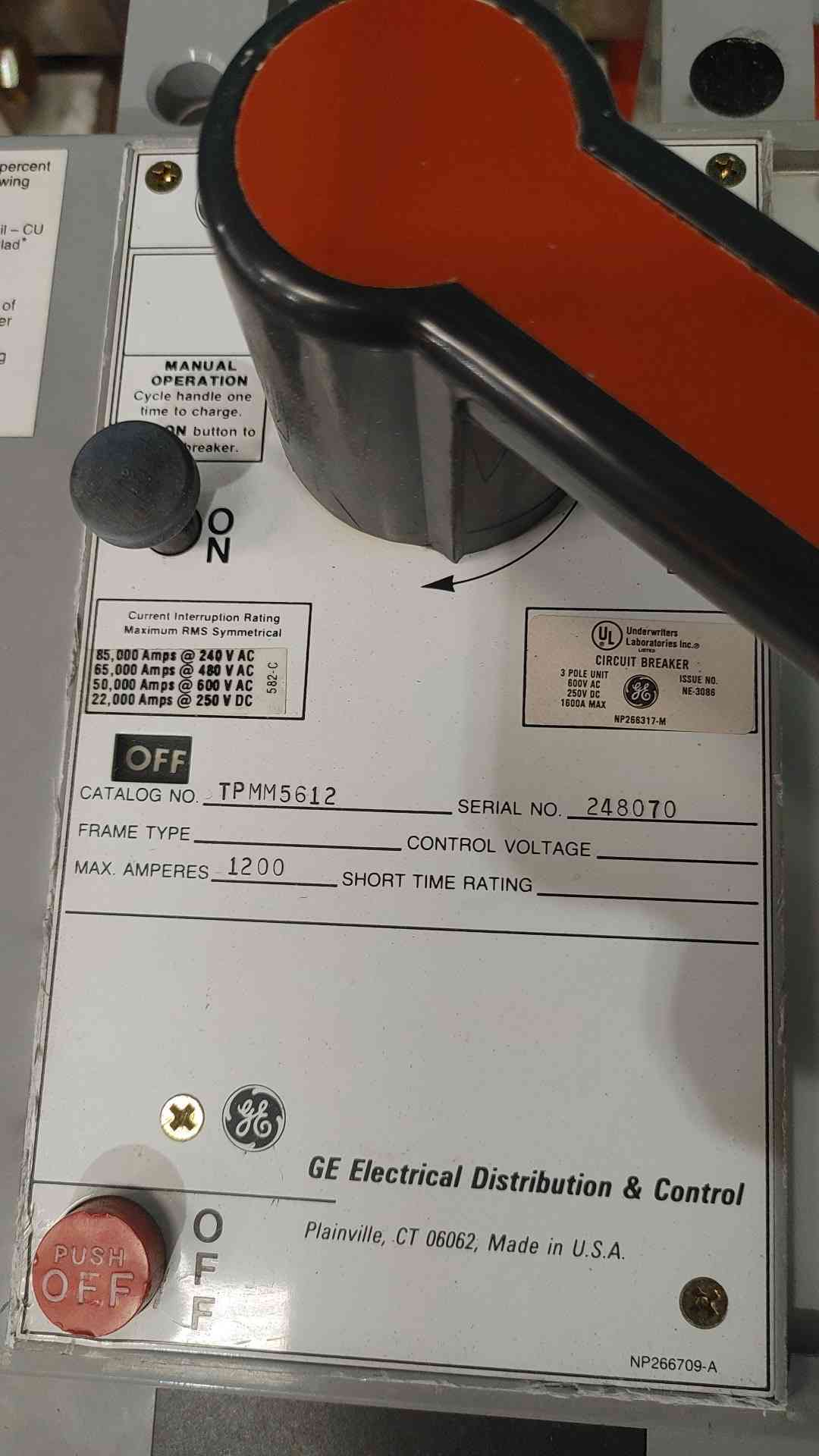 GE TPMM5612 1200 Amp Circuit Breaker Enclosed Disconnect Switch 3 Pole 600V