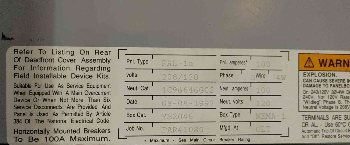 Cutler-Hammer Pow-R-Line PRL1a 100A 3PH Panelboard 208Y/120V Loaded W Breakers