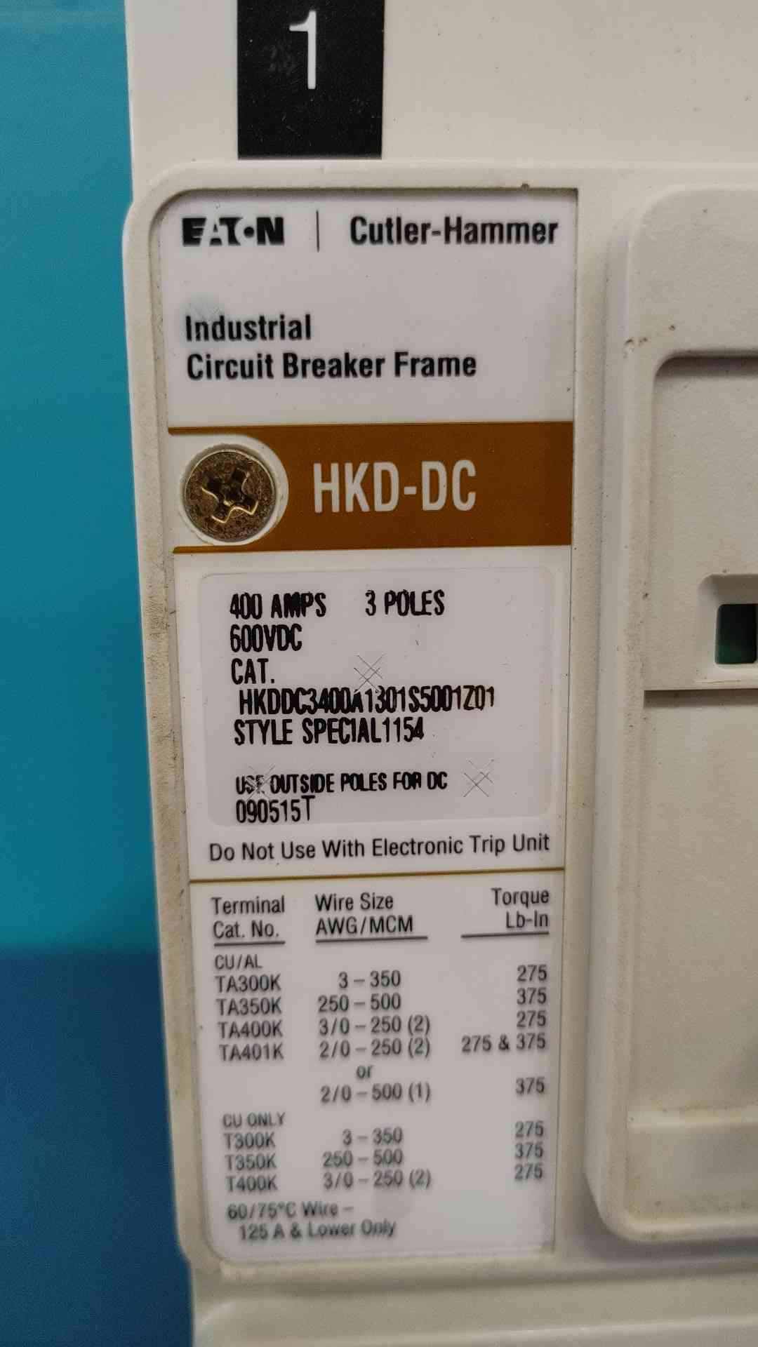 Eaton Cutler Hammer HKD-DC HKDDC3400A1301S5001Z01 400A 3P 600V Circuit Breaker