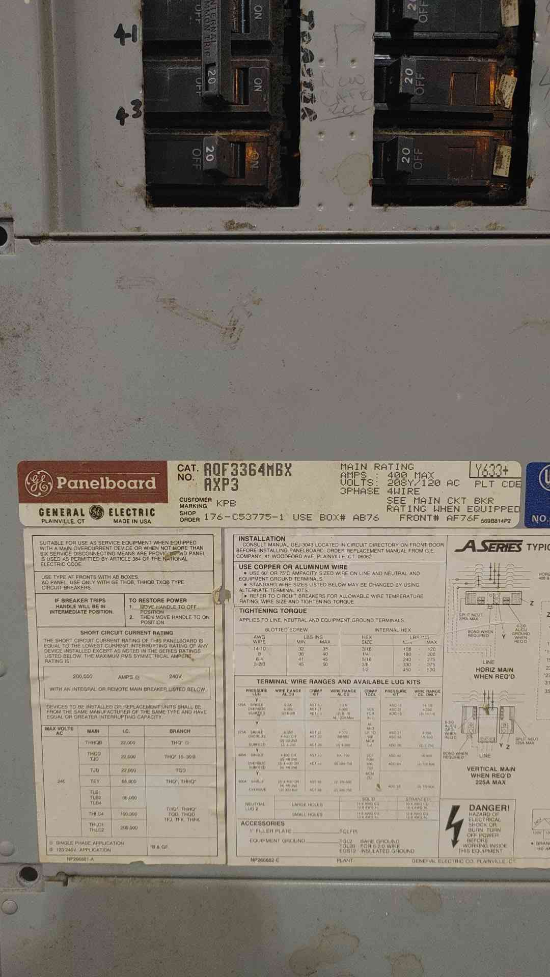 GE AQF3364MBX A-Series 400A 208Y/120V 3PH Panelboard Loaded Breakers No Cover