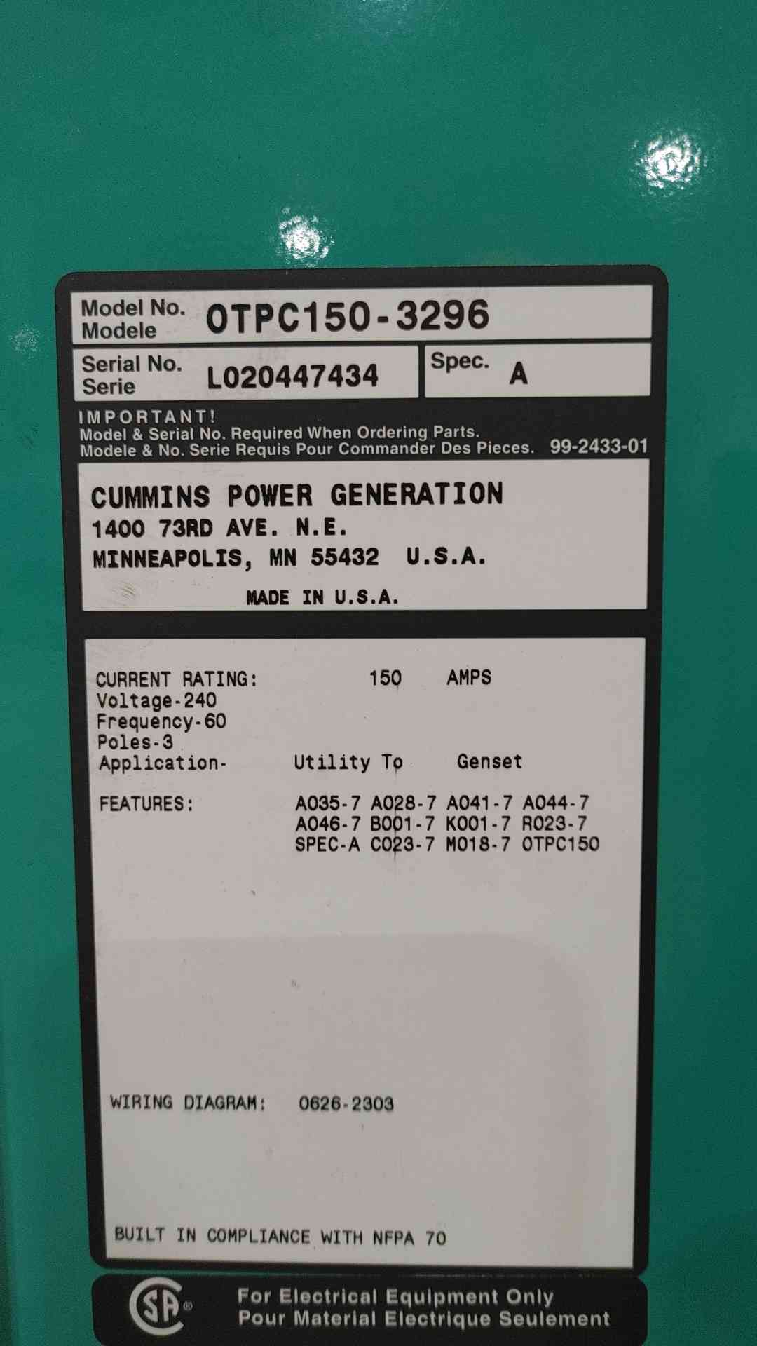 Cummins PowerCommand 150A Automatic Transfer Switch OTPC150-3296 240V 3P ATS