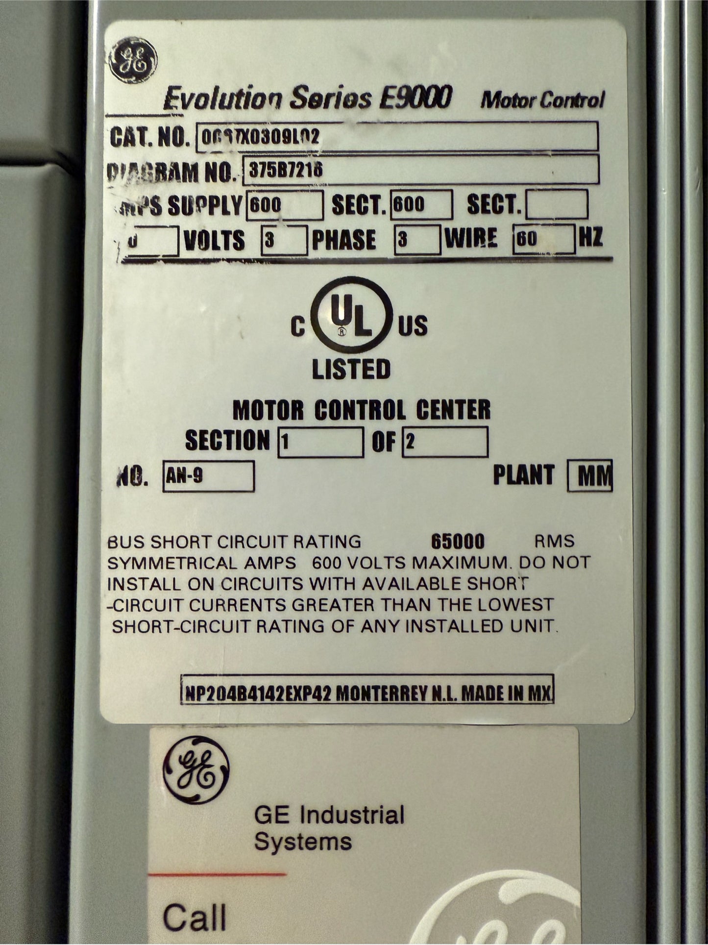 GE Evolution Series E9000 Motor Control Center 600A 480v 2 Section 8 Buckets