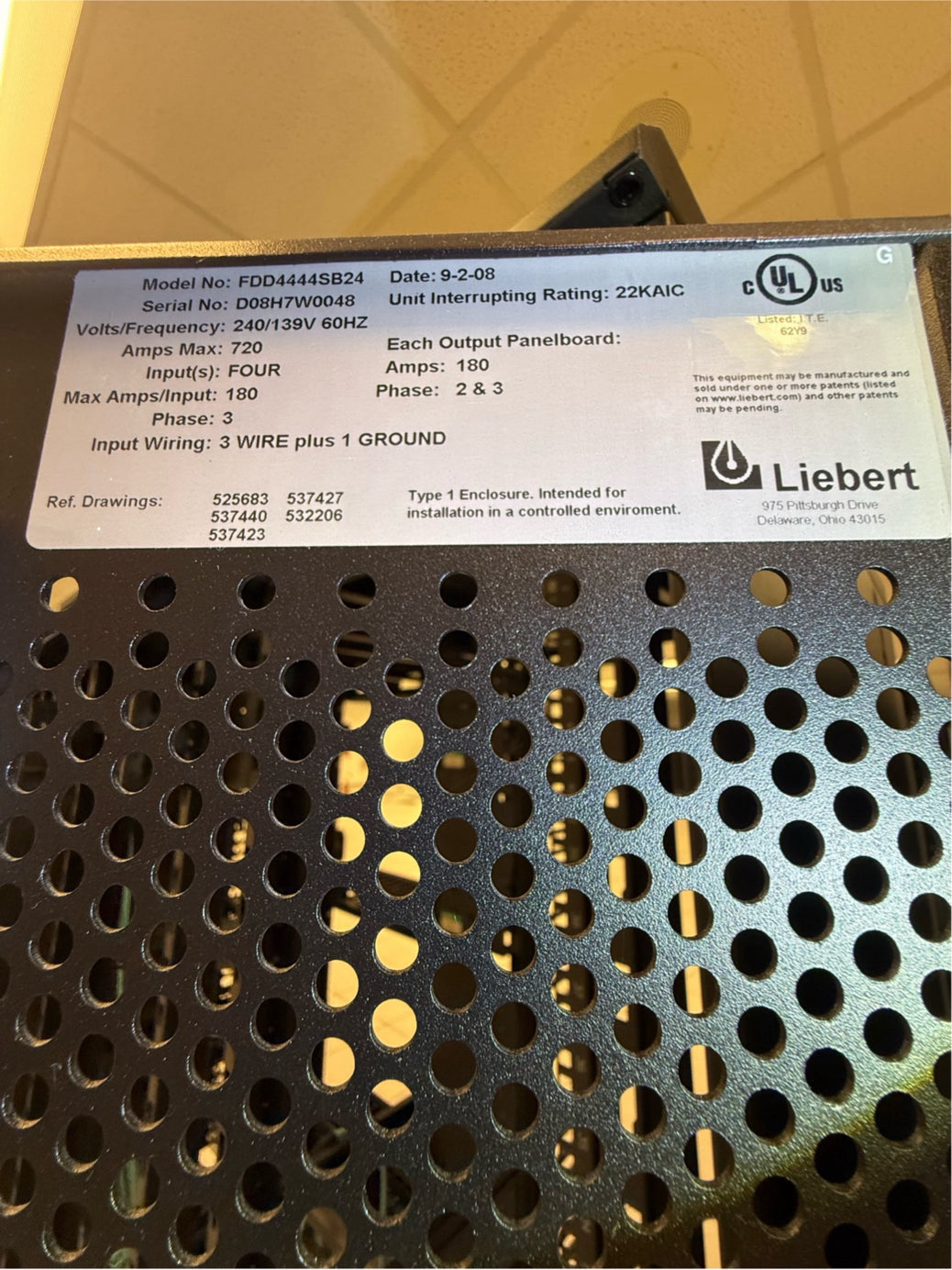 Liebert 720A FDC RPP FDD4444SB24 Power Distribution Unit 240v 3PH (PDU)