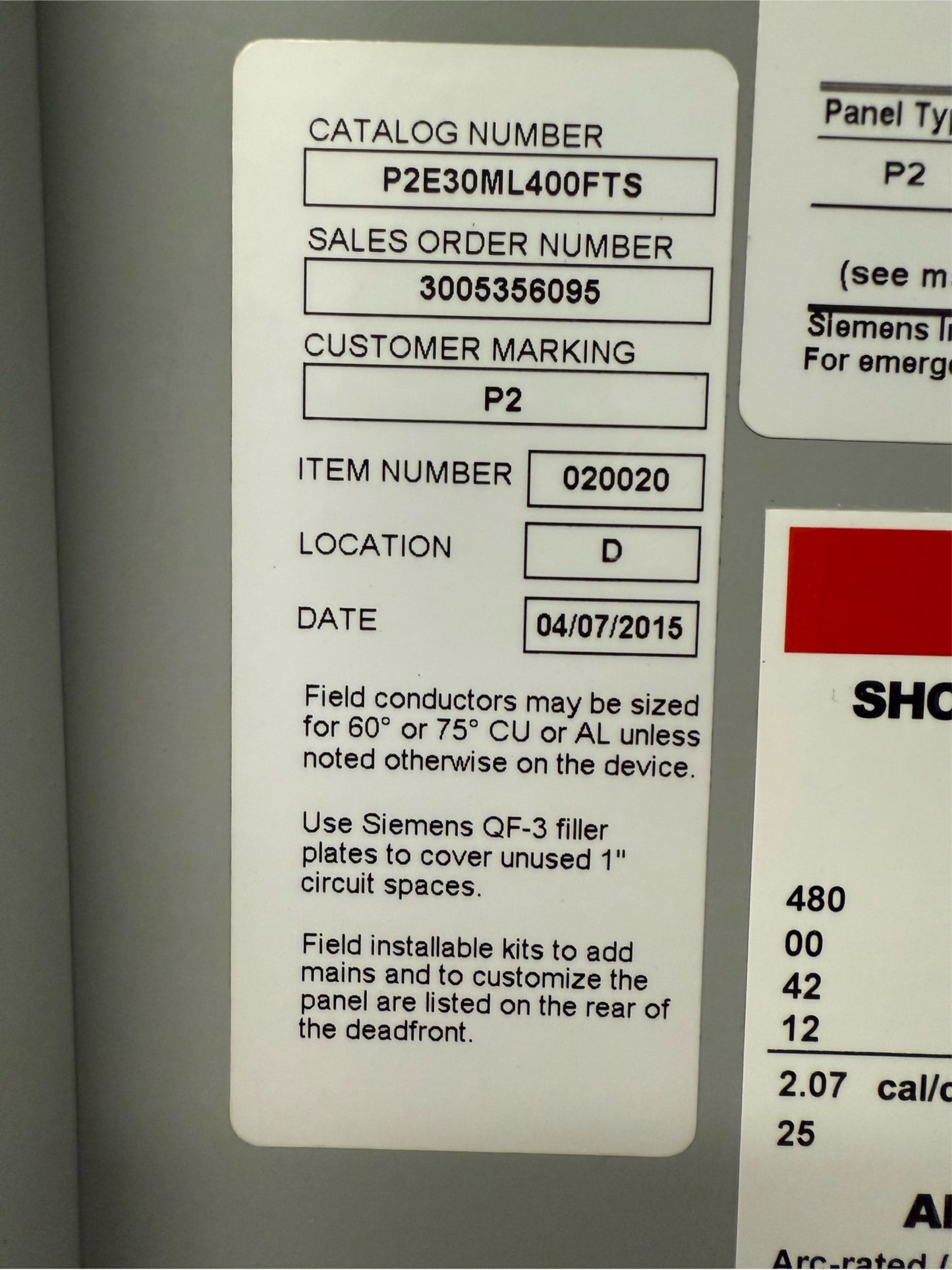 Siemens LGB 400A Panelboard 3 breaker 3PH 480Y/277V P2E30ML400FTS