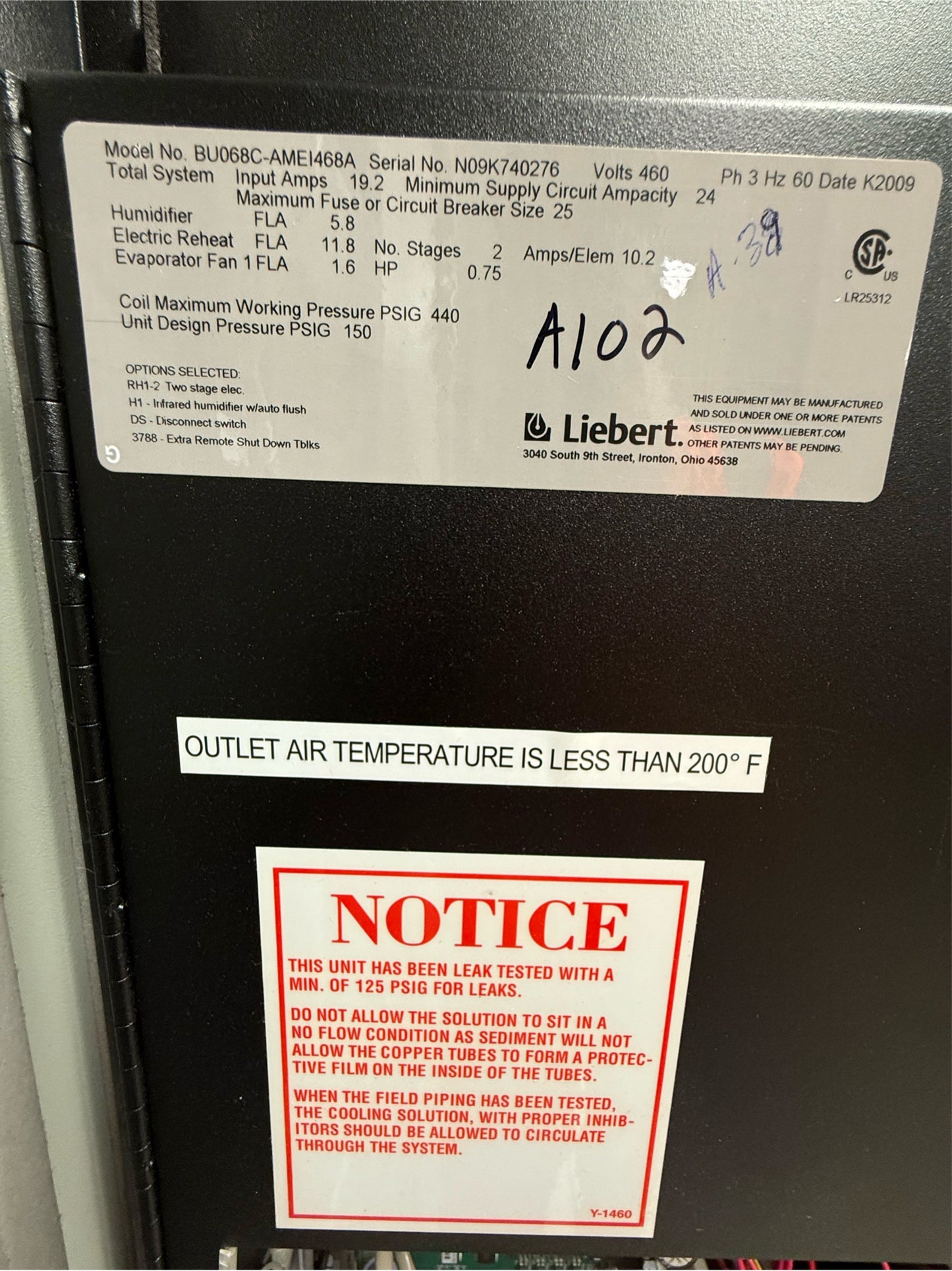 Liebert CRAC CRAH 6 Ton Chilled Water Upflow BU086C-AMEI468A '09 (SKU: 110333)