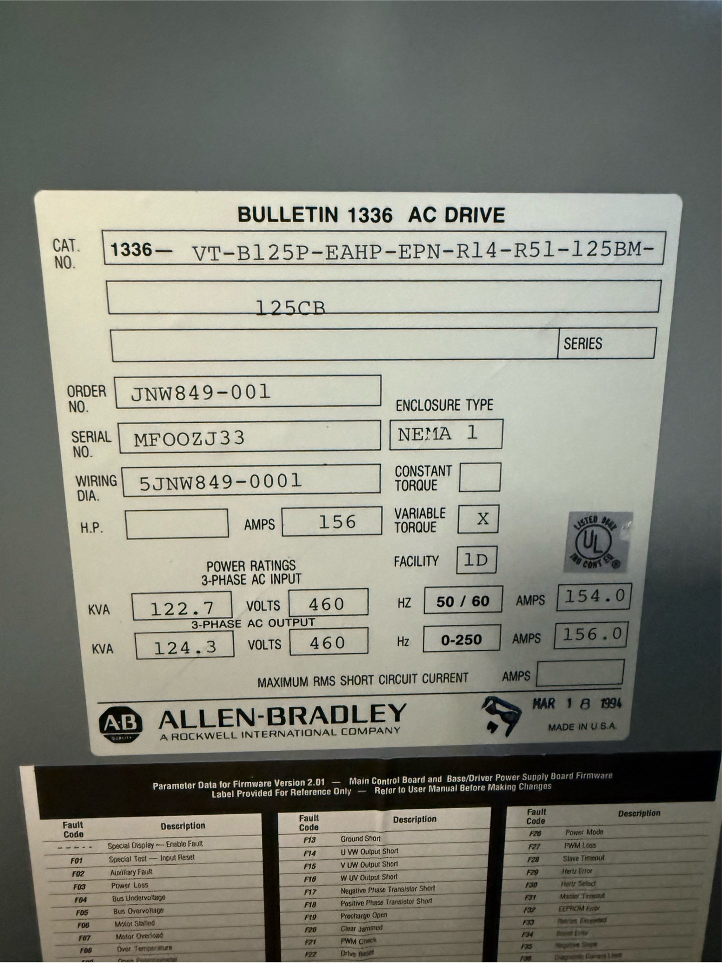 Allen-Bradley 1336 Plus VFD 125HP 460V AC Drive 156A Variable Torque