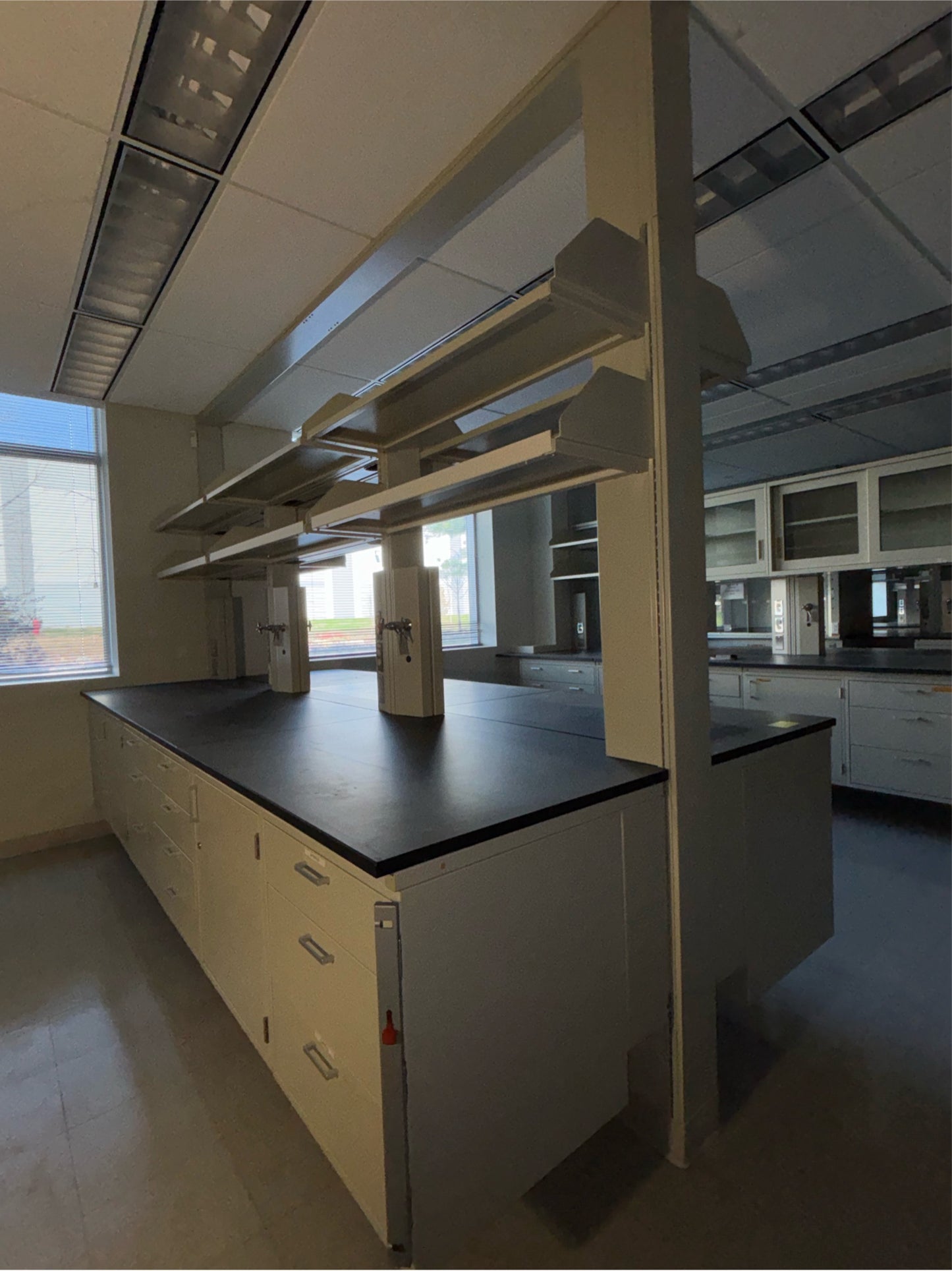 12’ 2 Sided Hamilton Metal Casework Island Work-center w/ Overhead Shelves  (112880)