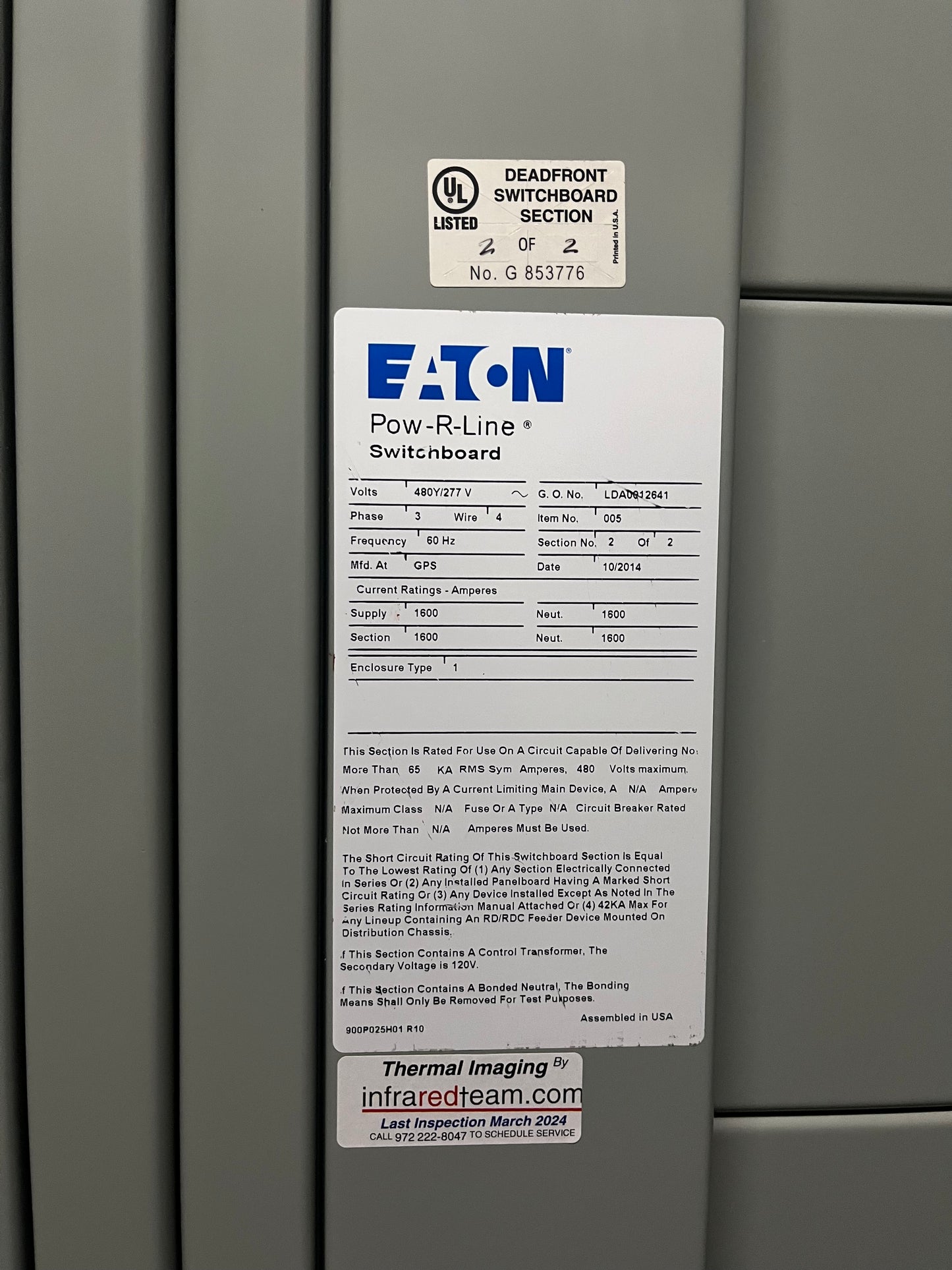 Eaton Pow-R-Line 1600 Amp 2 Section Switchboard 480V 3PH RGH Main NGH HMDL Breakers