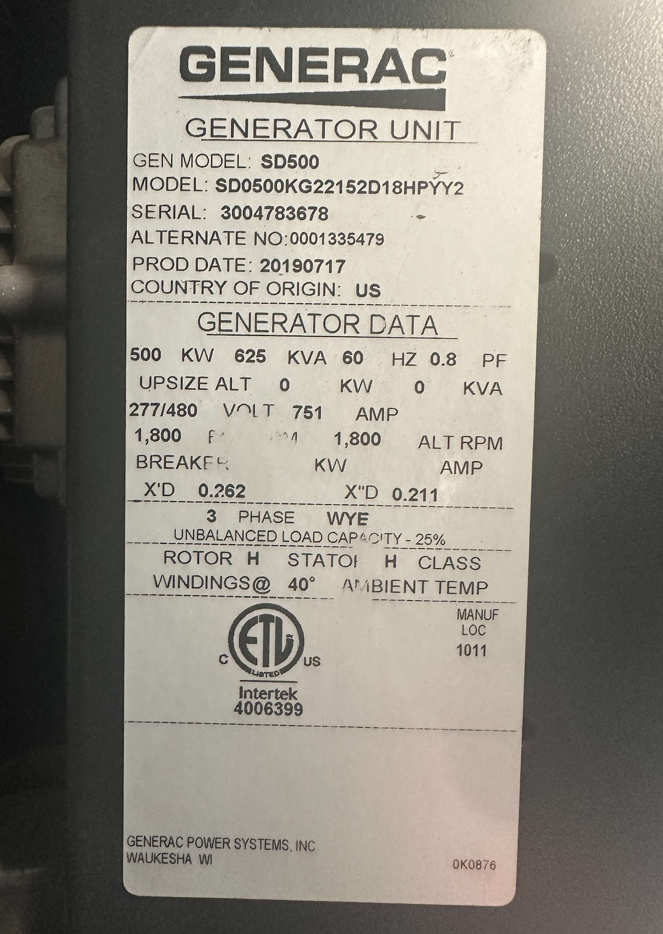 2019 Generac SD500 500kW Diesel Generator | ONLY 90 HOURS | Perkins 15.2L | 277/480V 3PH | Level 2 Enclosure