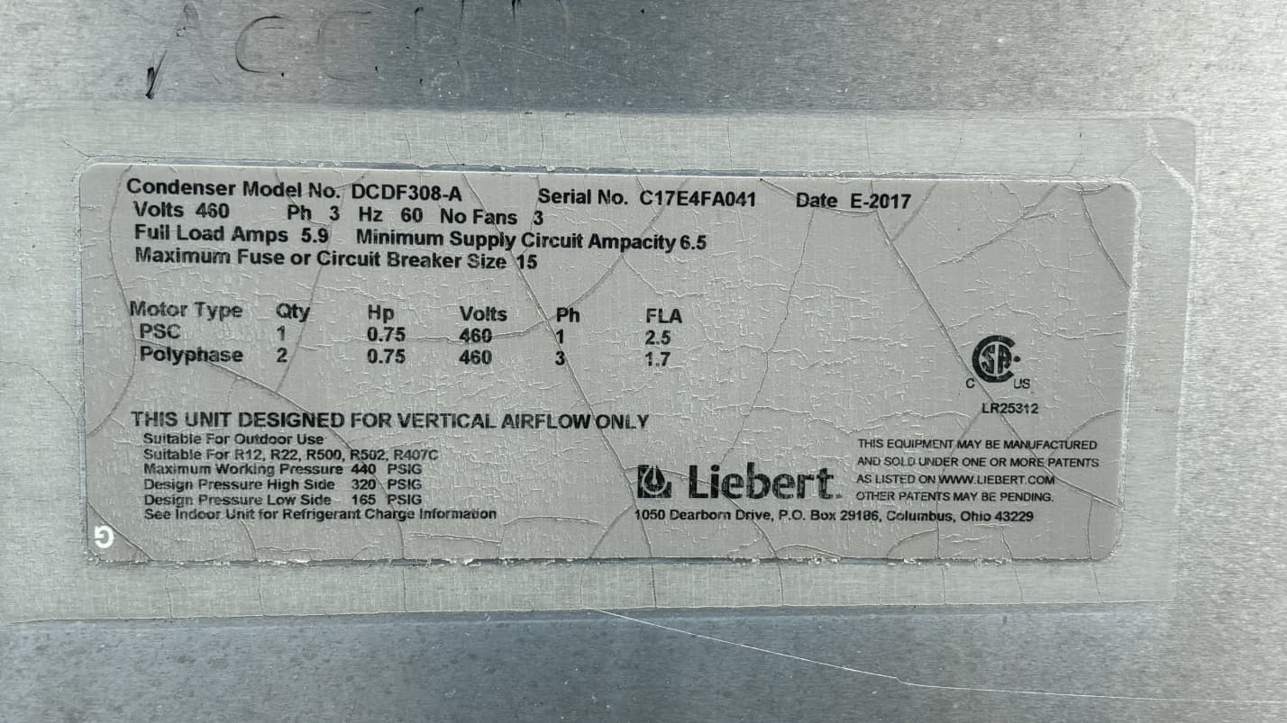 Liebert DCDF308-A Outdoor Air Cooled Condenser 3-Fan 460V 3PH Data Center