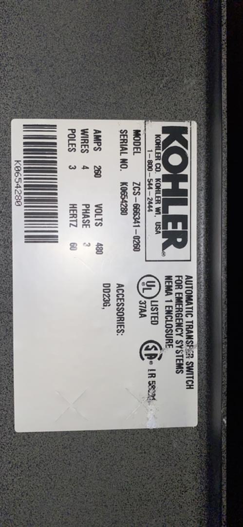 Kohler 260A 480V ATS Transfer Switch ZCS-666341-0260 Mechanical Core/Parts Missing Display(S6LLST4287)