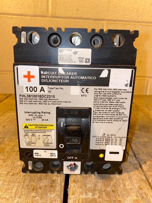 100A Square D FHL3610016DC2315 3 Pole DC Circuit Breaker(S6LLST1392)