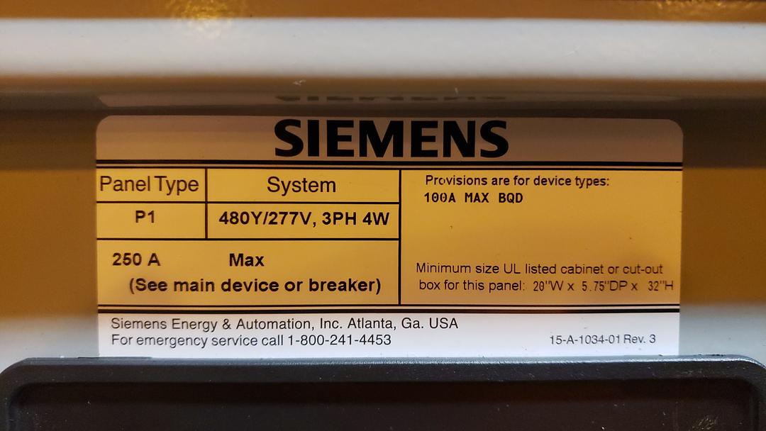 SIEMENS 250A Panelboard 480V, 277V, 3PH P1E18MC250A(S6LLST3621)