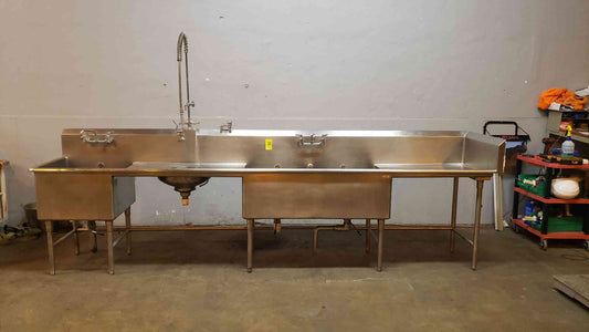 Stainless Steel 12'6" Triple Sink Cafeteria Basins & Faucets (SKU: 4508AA)(4508AA)
