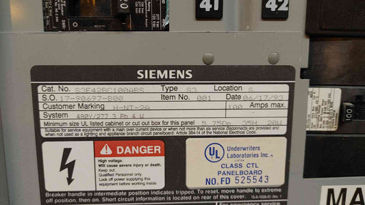 100A Siemens CTL Panelboard 480Y/277V 3PH 4 Wire S3E42BC100ABS BQD Breakers(103459)